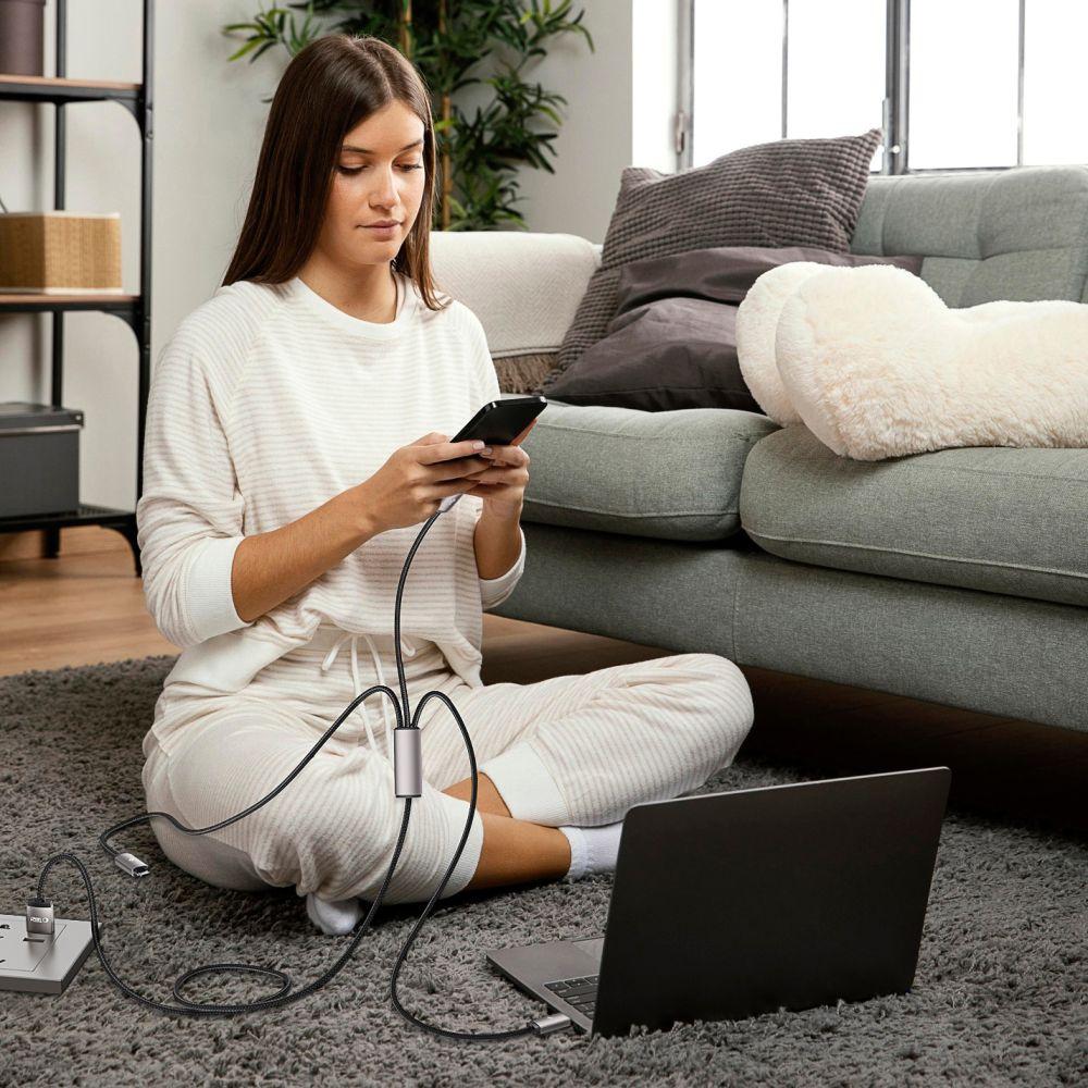 Kabel przewód 3w1 USB-A - Lightning / USB-C / micro USB 1m - szary