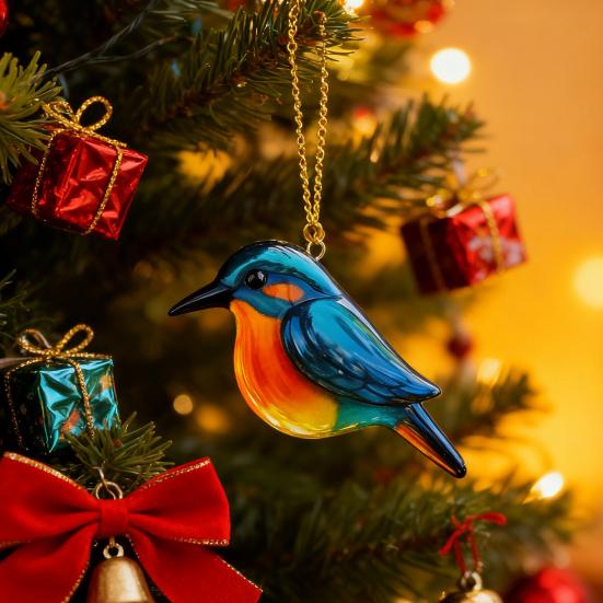 Fused Glass Birds Ornament Acrylic Hummingbird Owl Blue Jay Kingfisher Chickadee Christmas Ornament for Xmas Tree Decor