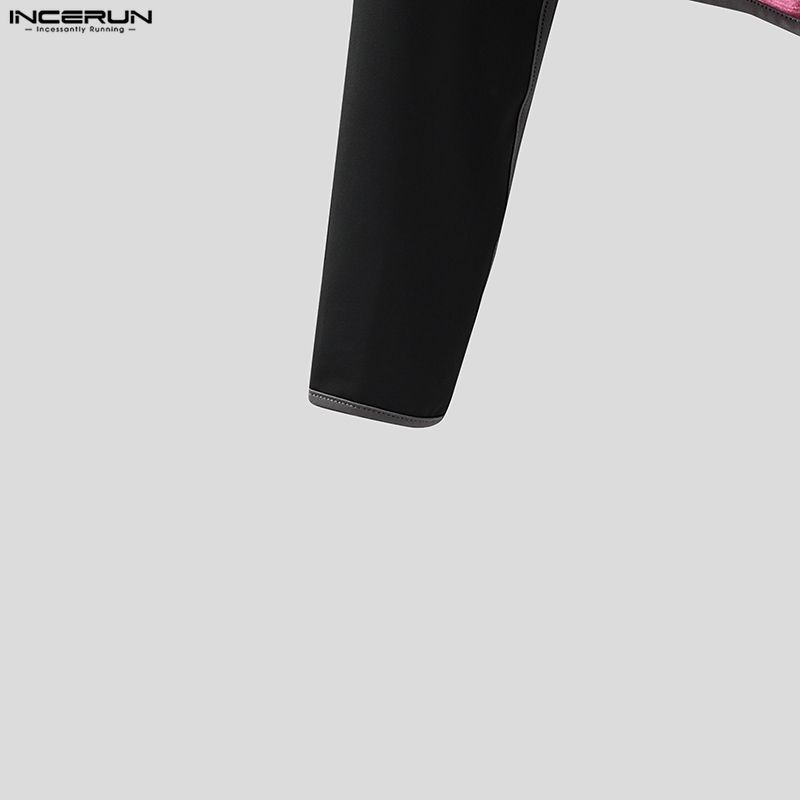 INCERUN Мужские топы и футболки с высоким воротником, длинным рукавом, бандажным дизайном, ПУ-вставками, в стиле кэжуал, укороченные