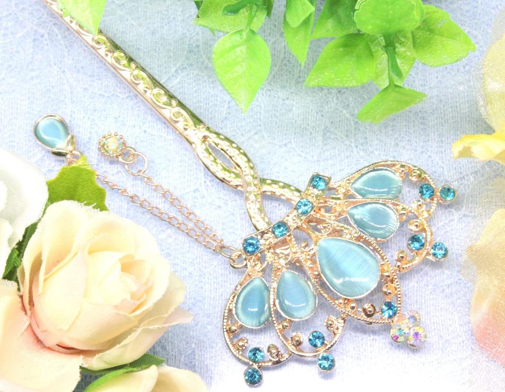 Японский цветок для волос Miaomyao, розовый золотой аксессуар для волос [Miaomyao] Шпилька, стиль, Tomesode, украшение, металл, пара, пара, тиара, мотив, (синий)