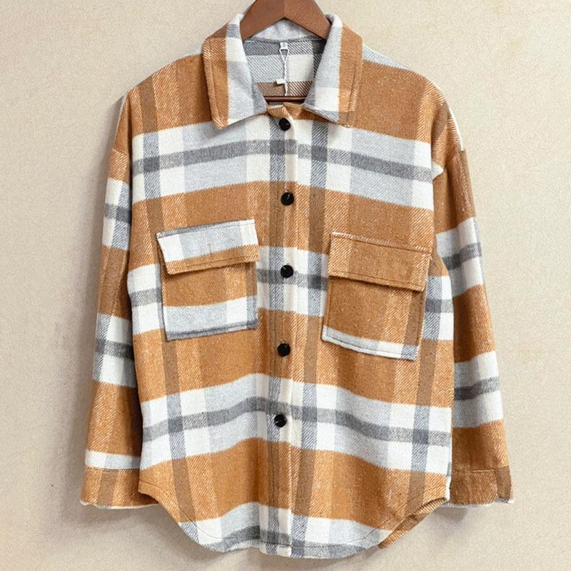 Женская повседневная клетчатая куртка с длинным рукавом и лацканами, осенняя утолщенная фланелевая рубашка с пуговицами, свободное теплое шерстяное пальто с двумя карманами
