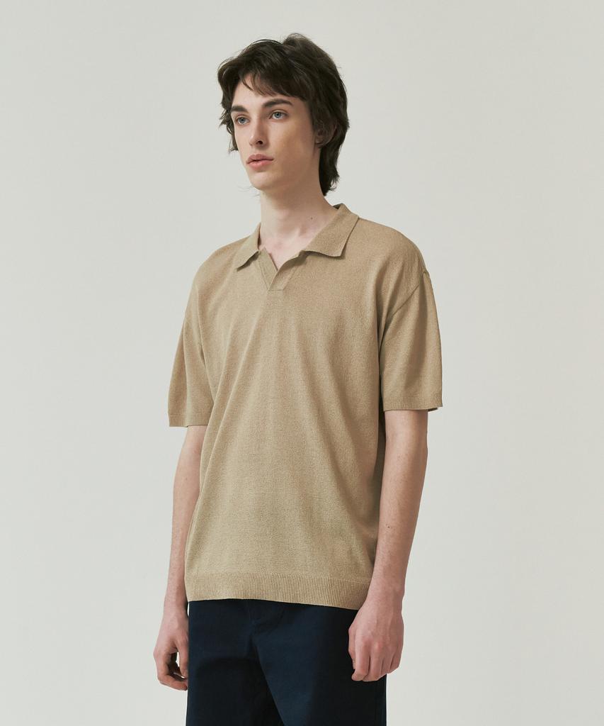 KNITTED Cool Summer Essential Open Collar Knit Tee Beige