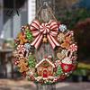 Vintage Style Candy Cane Garland Gingerbread Man Wreath Wooden Sign for Front Door, Retro Christmas Hanging Plaque with Tree Bow And House Pattern