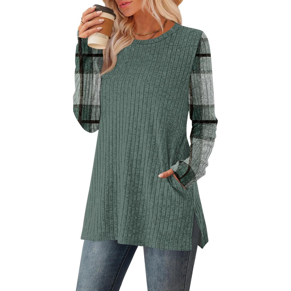 Women's Striped Printed Round-neck Long-sleeved Top With Pockets And Side Slits