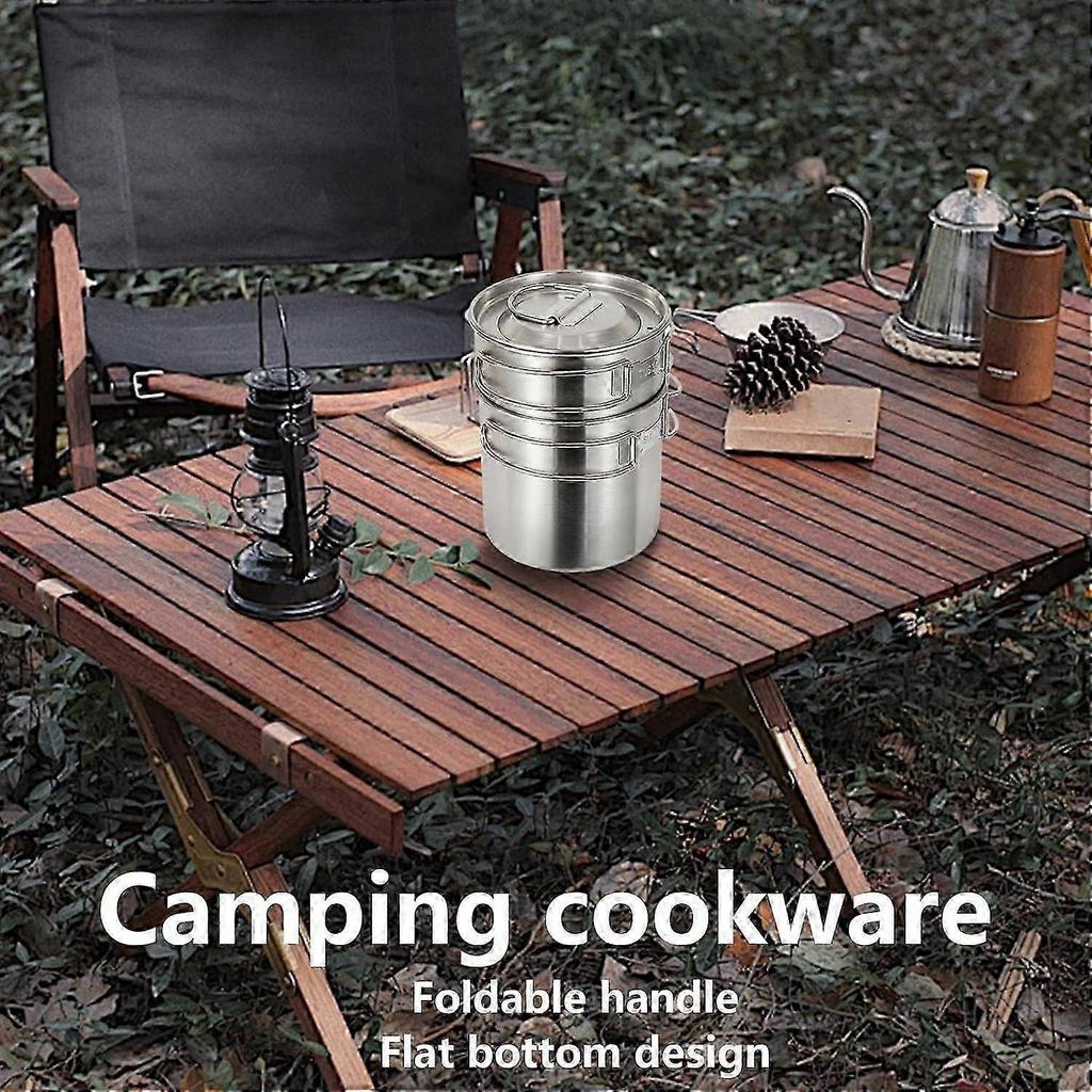 Camping Cookware Stainless Steel Cooking Set Backpacking Kit Compact Folding Design Heat-Resistant Handle Silver