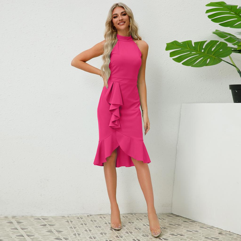 Женское сексуальное платье с тонким стоячим воротником без рукавов и рюшами в виде рыбьего хвоста, платья