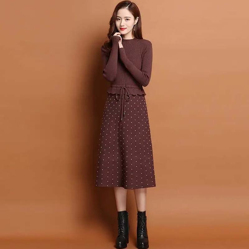 Женский весенне-осенний модный теплый свитер, темпераментная рубашка средней длины для самостоятельного выращивания, трикотажное платье