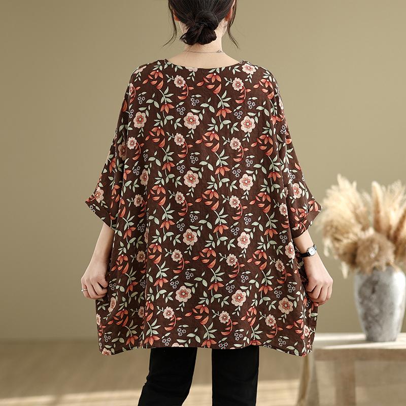 DIMANAF 2025 Summer T-Shirt Plus Size Women Flower Printing Batwing Sleeve Vintage Loose Tops Casual
