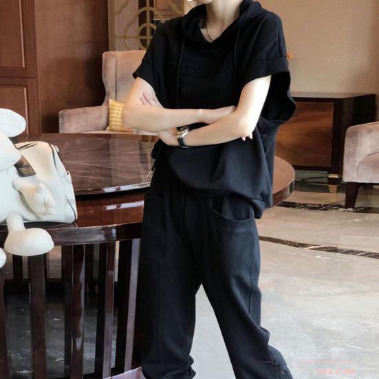 2 шт./компл. комплект брюк с капюшоном на шнурке, однотонный, с короткими рукавами, с эластичной резинкой на талии, карманами, с капюшоном, свободные женские повседневные брюки с ремешками на щиколотке