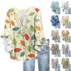 Women's Fashion Casual Button V-Neck Seven Sleeve Vintage Printed Shirt Top