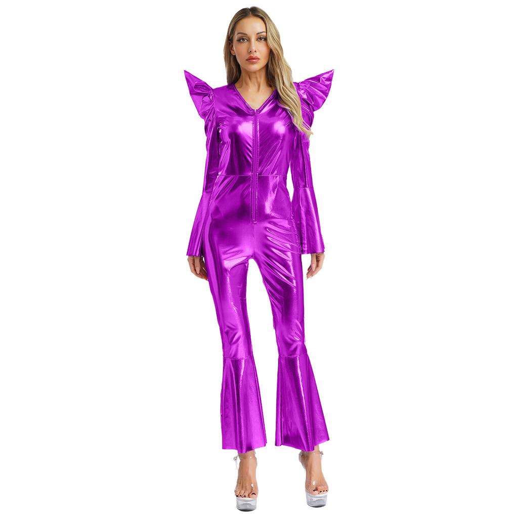 Metallic Shiny Bell Bottom Jumpsuit for Women S-3XL: Disco Style Romper with High Waist & Long Sleeves, Halloween Costume