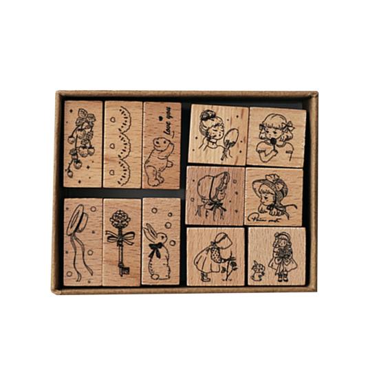 12 Pcs Vintage Wood Rubber Stamp Universe Letters Number Flowers Retro Stamp Set for DIY Art Craft Journals Scrapbooking Planner Card Making