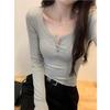 Spice Girl Sexy U-Neck Button Half Open Neck T-Shirt Women's Spring Slim Skinny Shoulder Long Sleeve Top Bottom