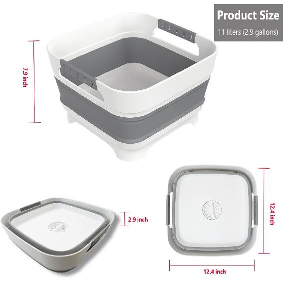 2.9 Gal(11L) Collapsible Wash Basin With Drain Plug, Space Saving Multiuse Foldable Sink Tub,Dishpan,RV Camping Sink,Vegetable Washing Basin,Ice