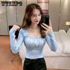 Весенне-осенние короткие свитера, французский трикотаж с квадратным вырезом, женская корейская версия, облегающий пуловер, рубашка с длинными рукавами на подкладке