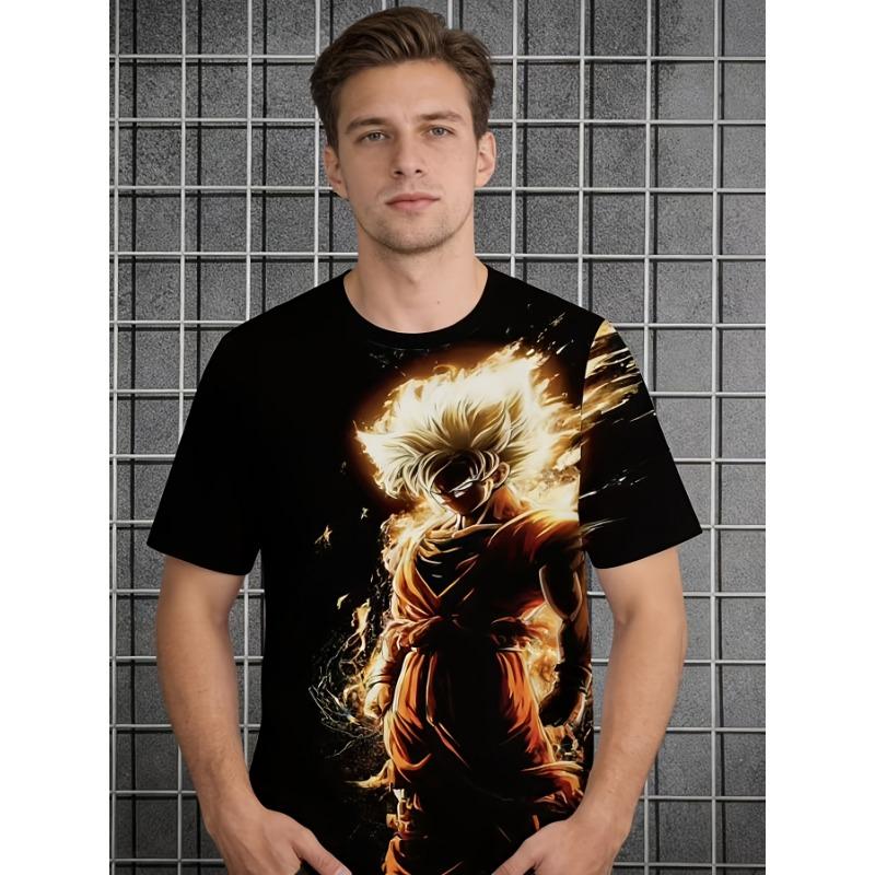 Anime Goku Graphic Men T-Shirt 3D Flame Warrior Printed Short Sleeve Crewneck Tee Black Summer Casual Tops Saiyan Streetwear Hip Hop Pullover Clothing