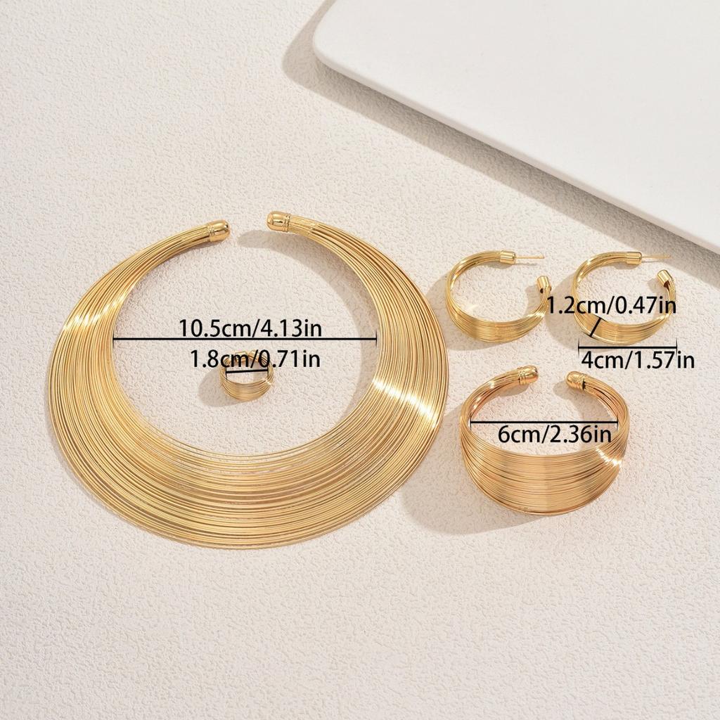 Multi-layer Metal Jewelry Set Geometric Line Design Collar Versatile Opening Adjustable Bracelet Women