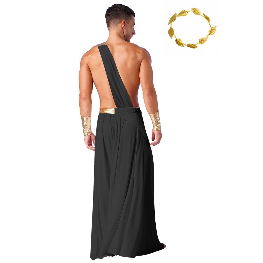 Mens Ancient Greek Costume Long Skirt Toga Set Wristbands Gold Leaf Headwear Halloween Cosplay Party Outfit