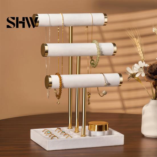 T-shaped Jewelry Holder 3 Tier Velvet Organizer, for Bracelet, Countertop Necklaces Rings, & Earrings, Stand with Storage Tray Tiered Organizer