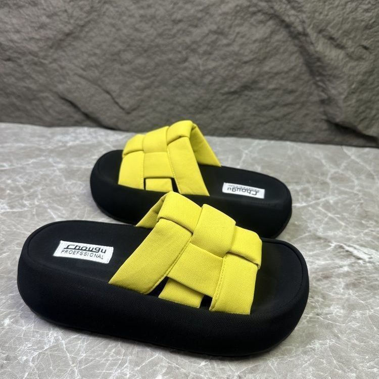 Open-toed Versatile High-end One-word Cool Slippers for Women 2025 Summer New Models, Fashionable Thick-soled Woven Slippers for Women