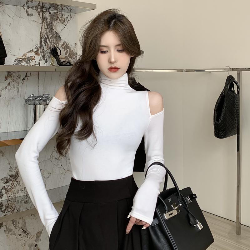 Осень Новая Модная Водолазка Базовая Рубашка Женская Футболка с Длинным Рукавом Топ с Открытыми Плечами