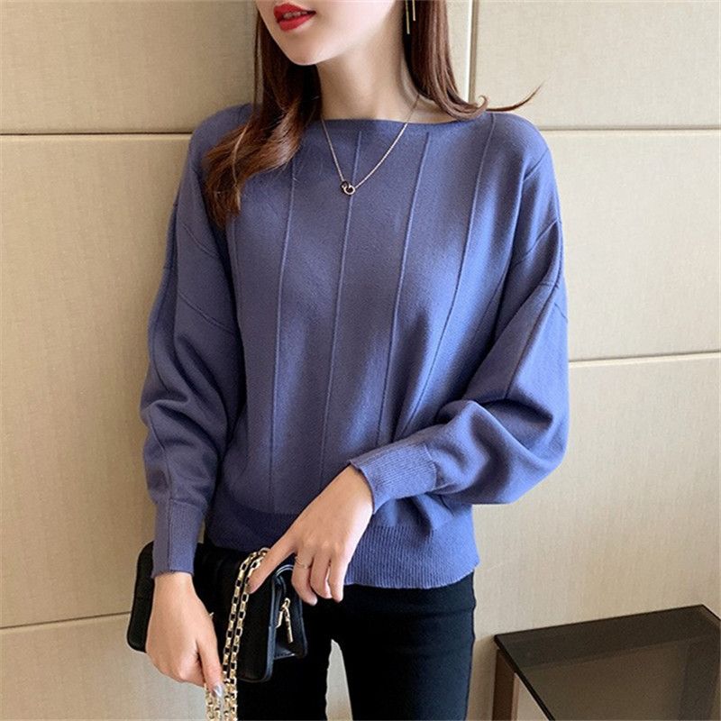 Женский короткий трикотажный свитер с круглым вырезом в корейском стиле на весну и осень - Летучая мышь рукав, свободный пуловер, базовый топ