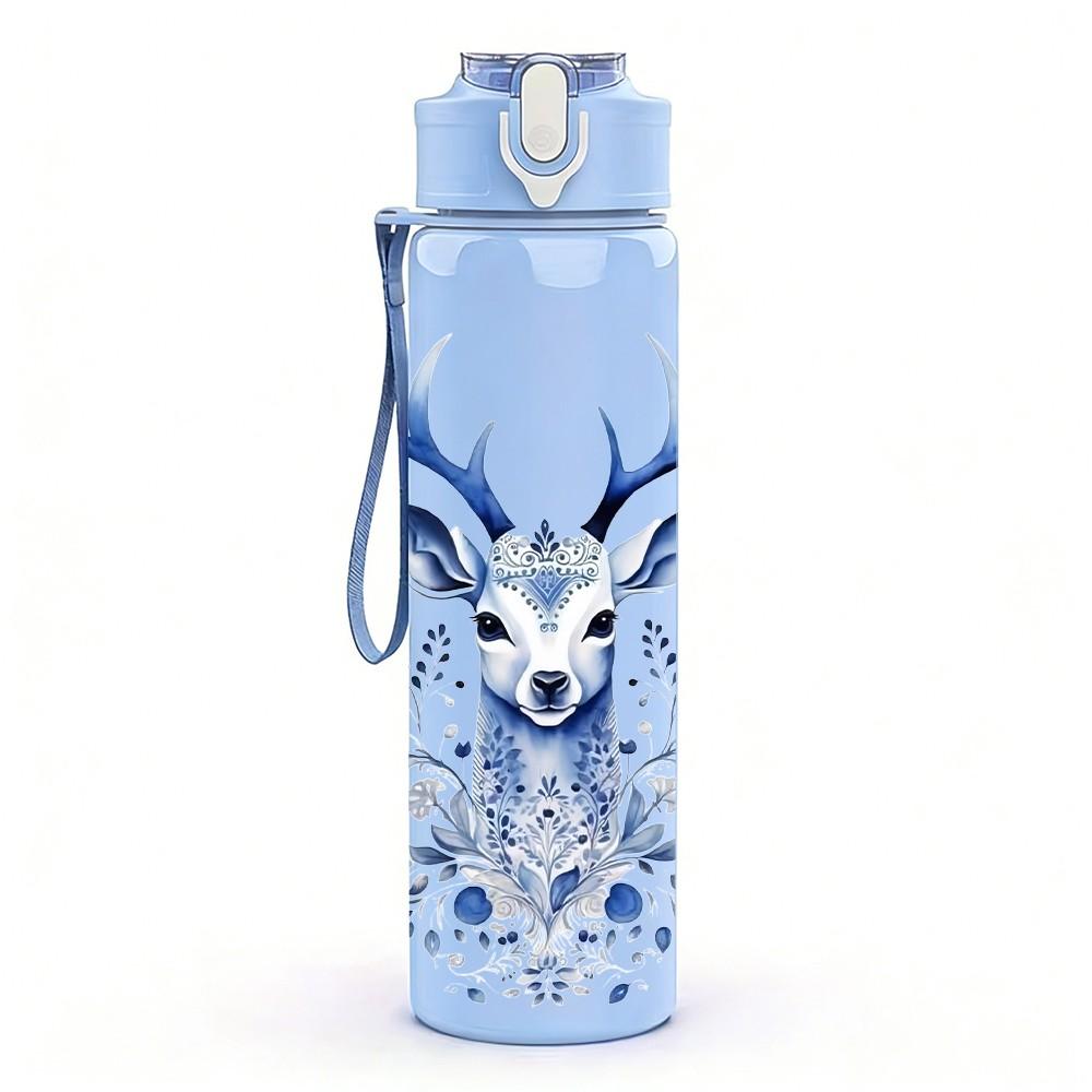 1PC Winter Snow Deer Stag Pattern 750ml Color Plastic Sports Water Bottle Leakproof Flip Straw Lid Suitable for Sports Office Home Use