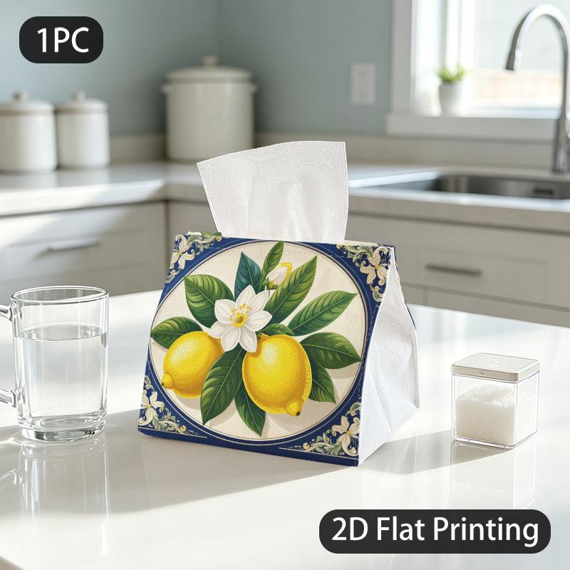 1pc Tissue Box, Mediterranean Style/Lemon Blossom Motif/Bright Cheerful Vibe Pattern, 2D Flat Printing, Lightweight, Strong And Firm, Tissue Pouch, fo