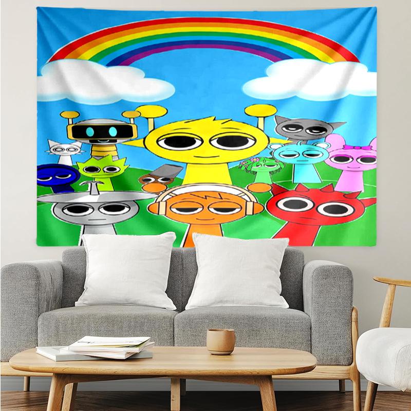 Sprunki Print Tapestry, Backdrop, Easy Setup, Ideal for Bedroom, Office & Living Room, with Aesthetic Wall Hanging Decor.