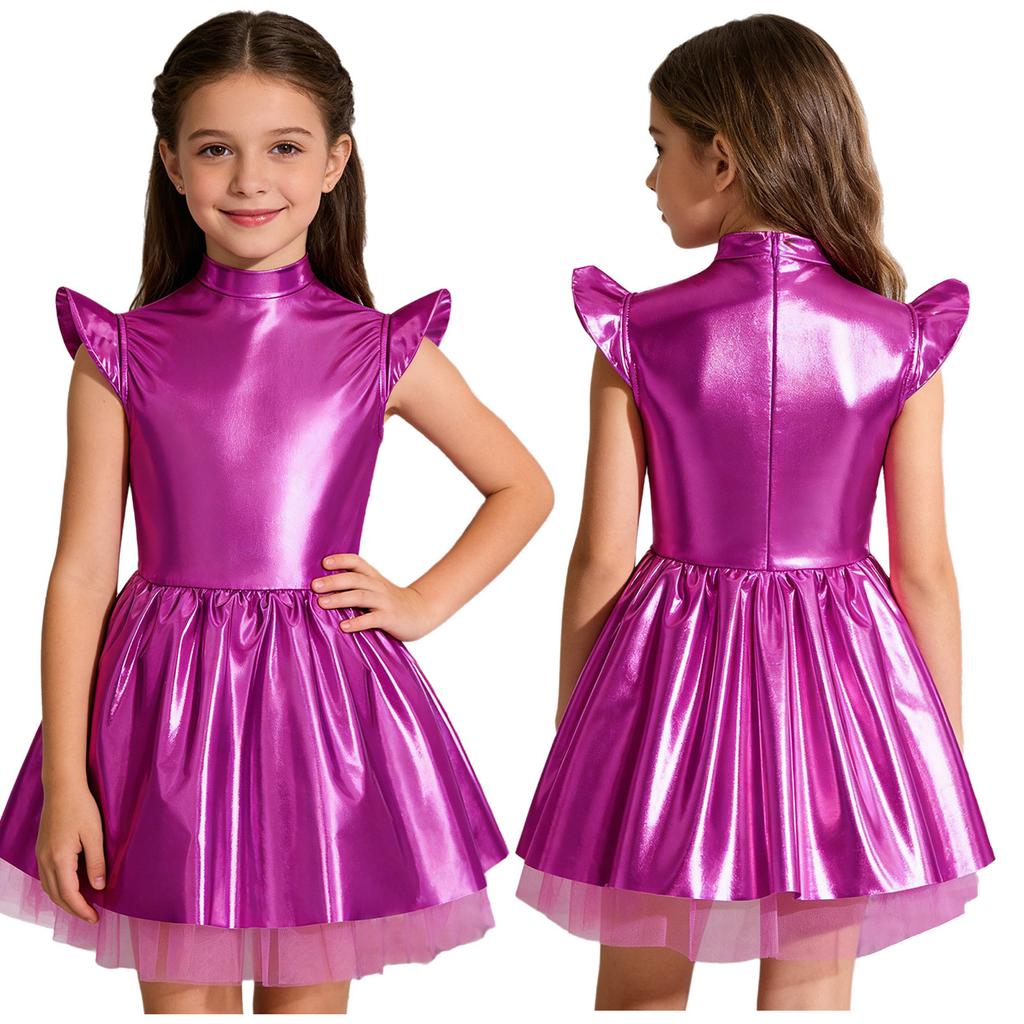Переливающееся инопланетное платье-пачка для девочек, Блестящий костюм с воротником-стойкой, летящими рукавами и молнией на спине, Для сценических выступлений и вечеринок