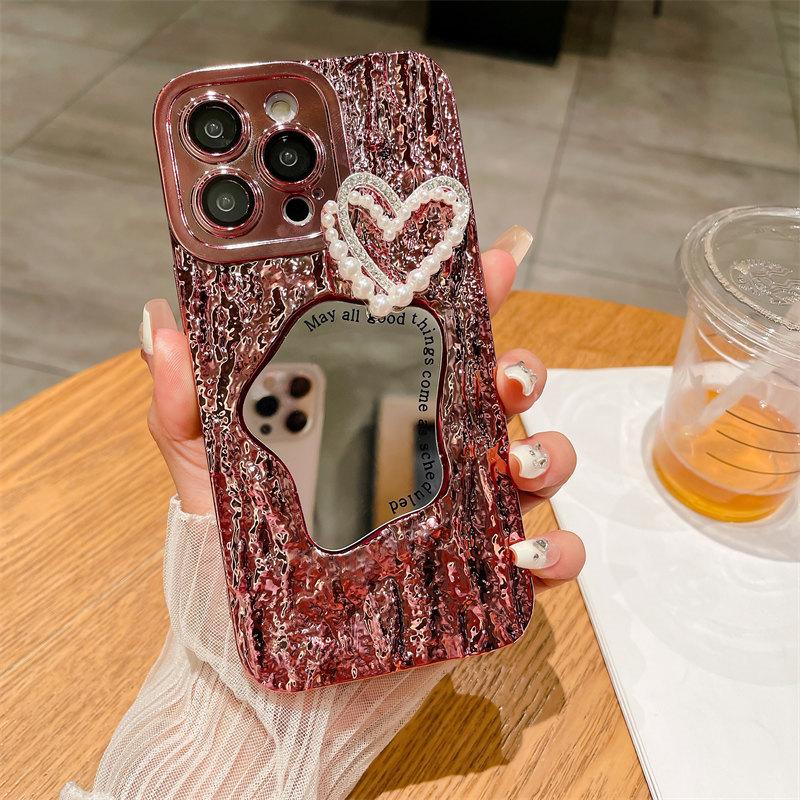 Роскошный чехол для макияжа с зеркальным принтом в виде камня и жемчужным сердечком для iPhone 15 Pro Max 14 13 12 Pro Max 11, универсальный защитный чехол от падения