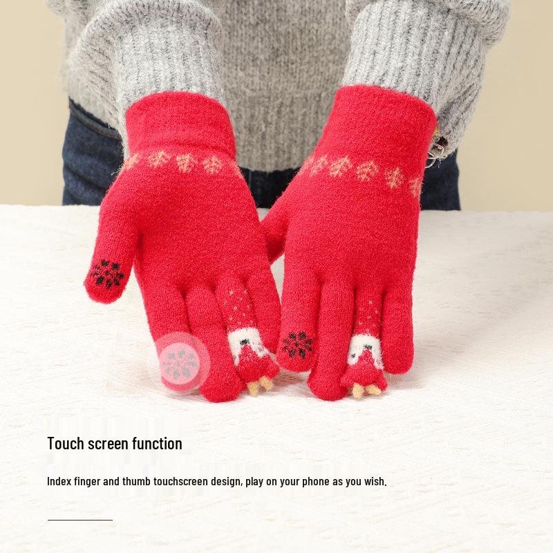 Женские зимние теплые красные шерстяные перчатки с лисой - Сенсорные и непродуваемые