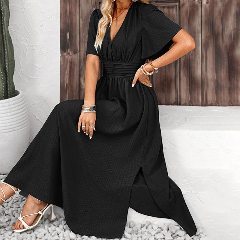 Women's Summer Ruffle Sleeve High Split Solid Colour Long Elastic Waist Dresses