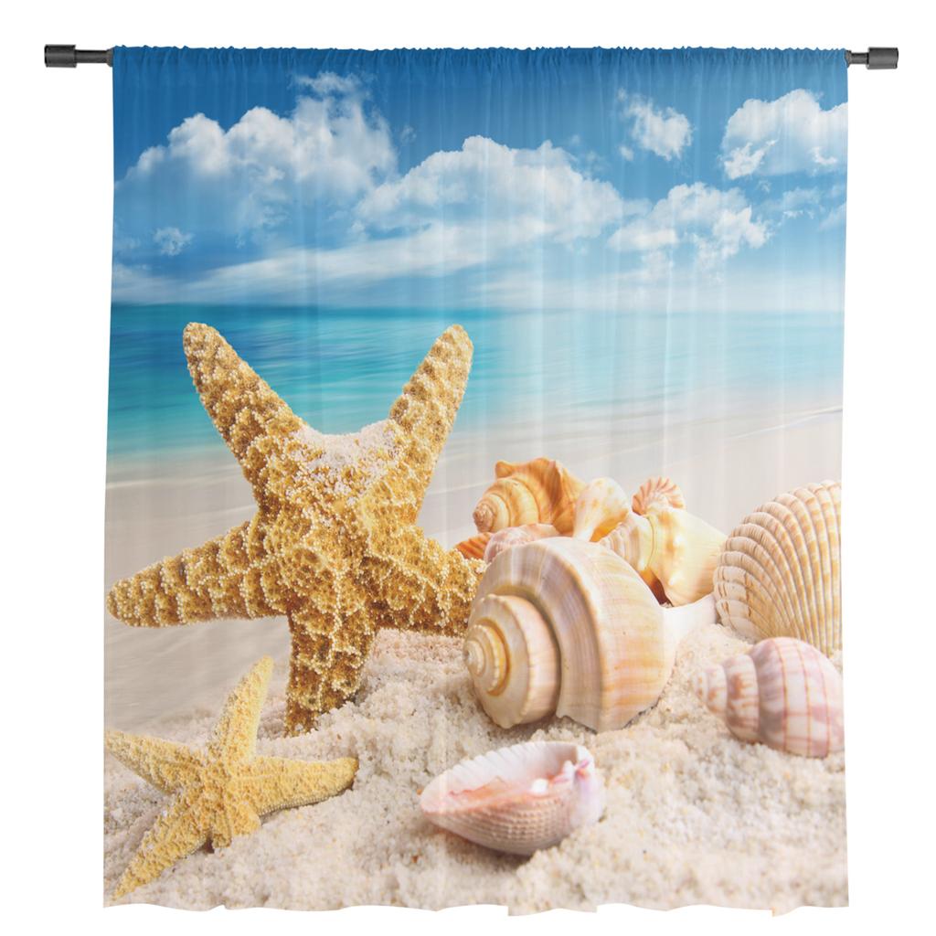 Beach Sea Starfish Shells Blue Sky Sheer Curtains for Living Room Decoration Window Curtains Kitchen Tulle Voile Curtains