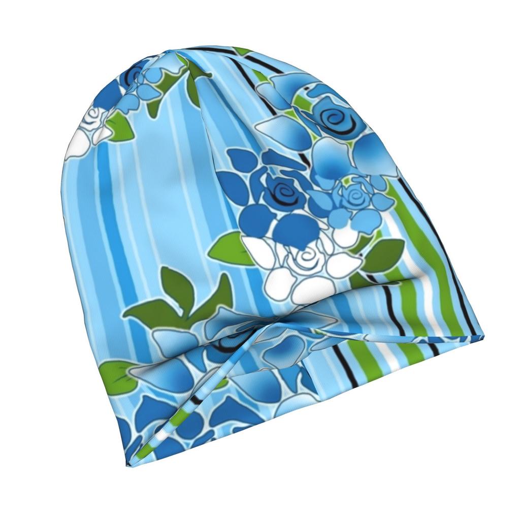 2D Flat Printing Blue And White Roses with Stripes Pattern Seamless Repeat Fashion Knit Hat for Adults Adds a Stylish Finishing Touch to Everyday Outf