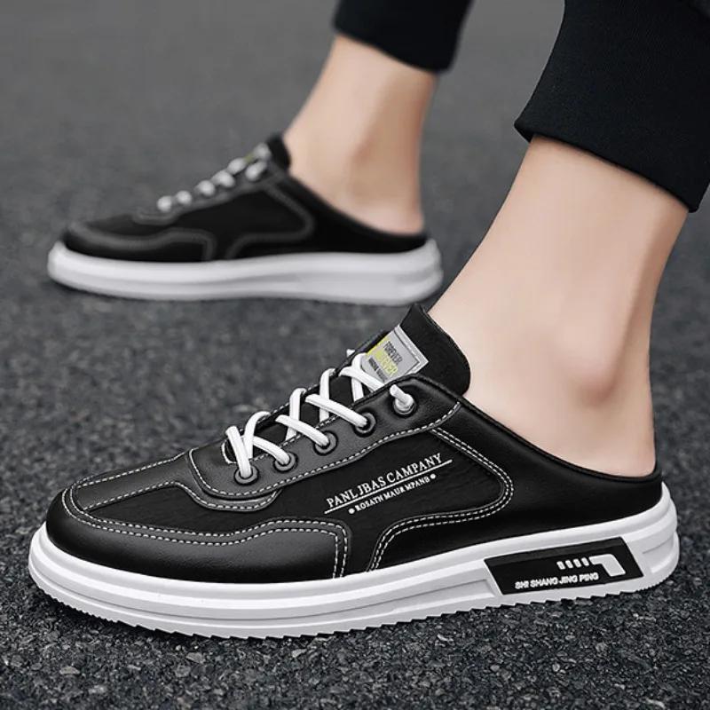 Модные тапочки для мужчин, парусиновая обувь, летняя студенческая универсальная обувь для ходьбы, дышащая повседневная обувь на плоской подошве, мужские полутапочки