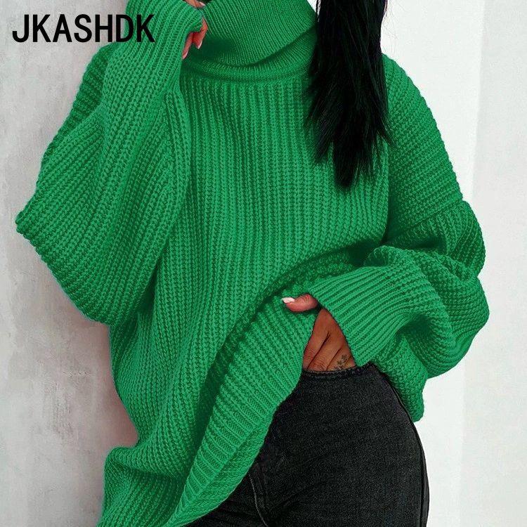 JKASHDK Women's Fashion Casual Solid Color Print Autumn Winter Plus Size Long Sleeve High Neck Loose Thick Sweaters