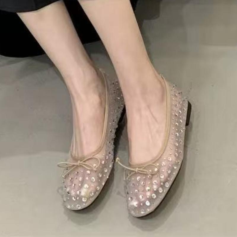 Fashion Bling Rhinestone Mesh Ballet Flats for Women Fashion Round Toe Bowknot Breathable Mary Jane Shoes Elegant Dress Flat Sandals