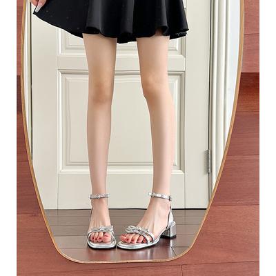 Летние новые босоножки на толстом каблуке с пряжкой и серебристыми стразами, женские туфли на высоком каблуке с бантом