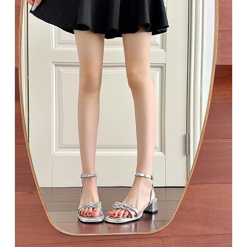 Summer New Thick Heel with Buckle Silver Rhinestone Sandals Women's Bow High Heels