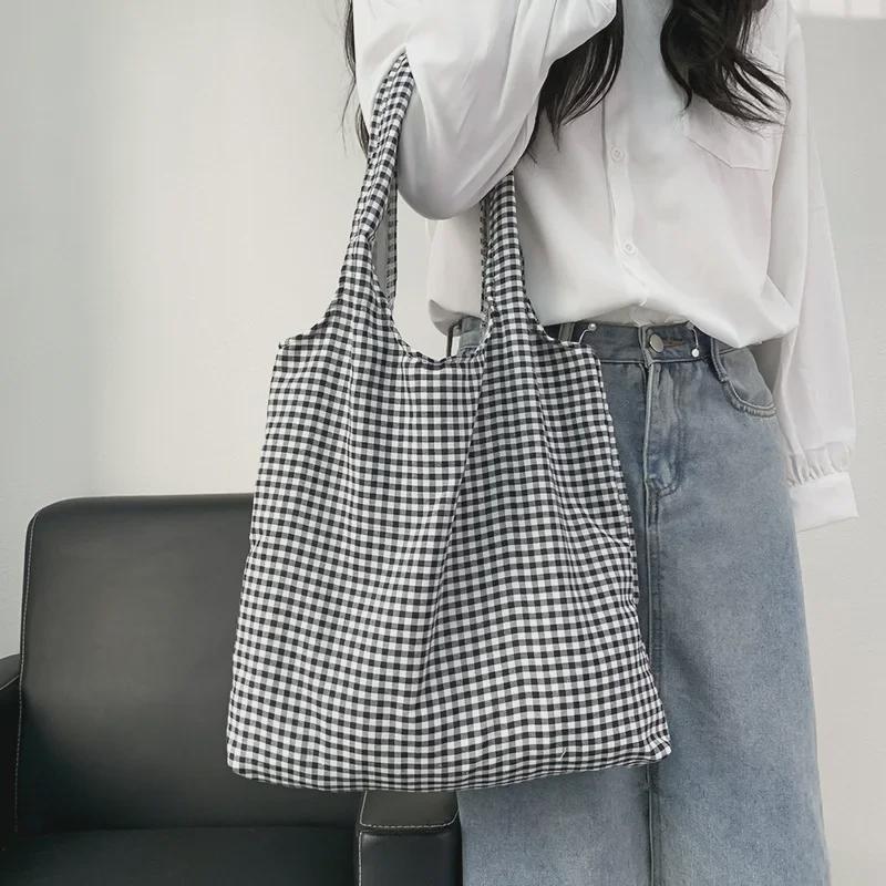 Корейская ретро-сумка из холста в клетку — большая вместимость, легкая и универсальная для студенток