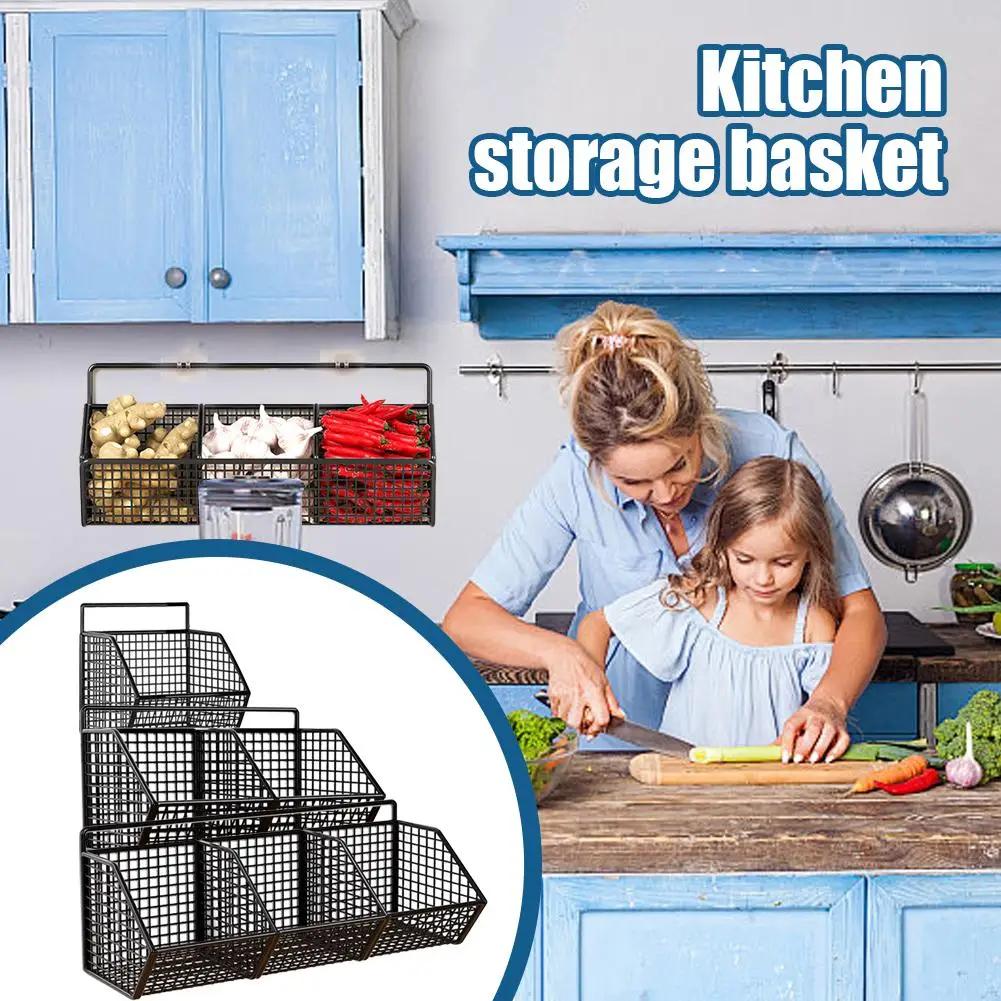 Wall Mounted Kitchen Storage Basket Onion Ginger Garlic Storage Frame Durable Wire Storage Rack Perforation-free Vegetables Case