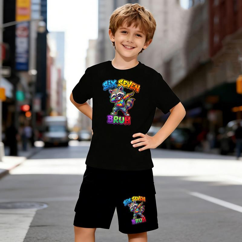 Boys 2 Piece Graffiti-style Raccoon Number 67 Print Outfit, Short Sleeve T-Shirt and Shorts Set for Kids Age 5-14,White Sporty Casual Summer Clothes
