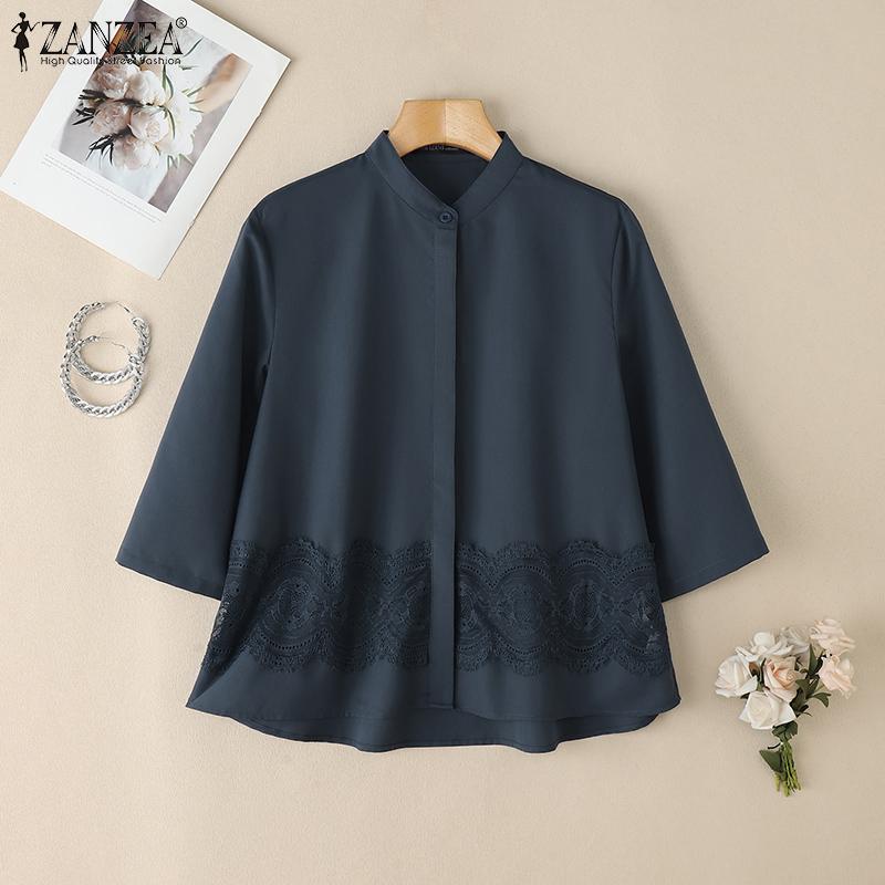 ZANZEA Женская повседневная блузка с воротником-стойкой и рукавом 3/4 из кружева в стиле пэчворк