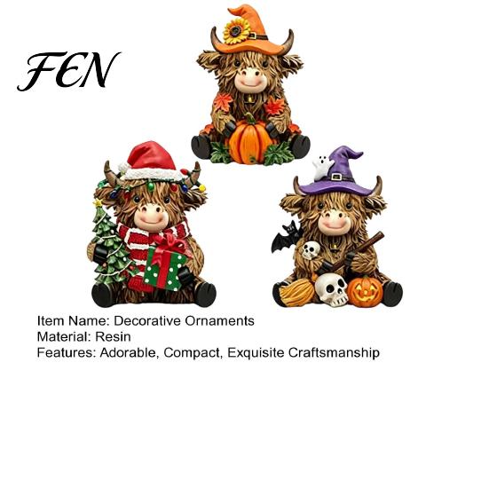 Small Gifts for Colleagues 3Pcs Highland Cow Figurine, Resin Yak Statues Thanksgiving Christmas, Farmhouse Tabletop Ornaments Shelf Mantel Entryway,