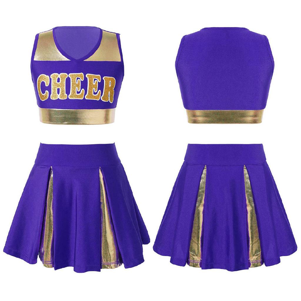 Girls Cheerleading Uniform Letter Print Tank Top with Pleated Skirt Set Cheer Leader Halloween Fancy Dress Costume