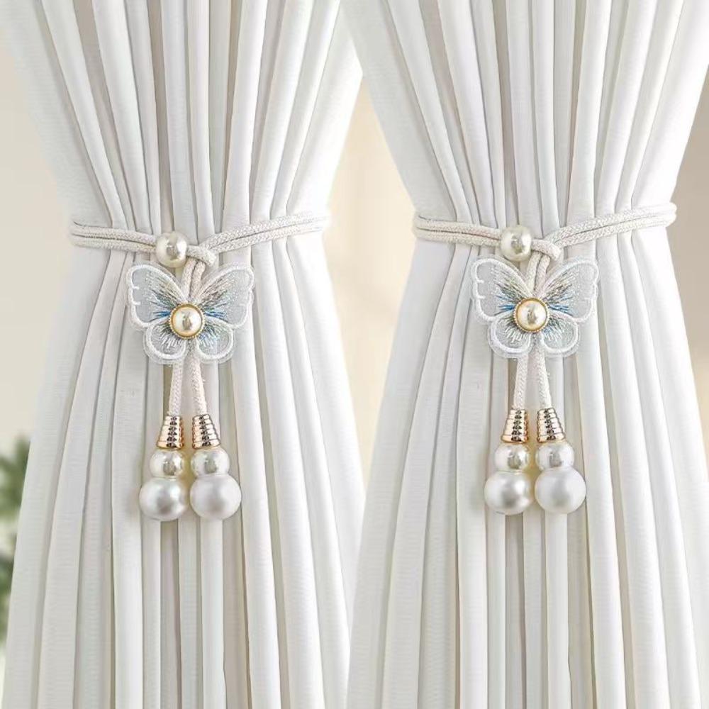 2PCS Adjustable Butterfly Curtain Tiebacks Curtain Holder Decorative Pearl Curtain Buckle Artificial Pearl Curtains Tie Rope