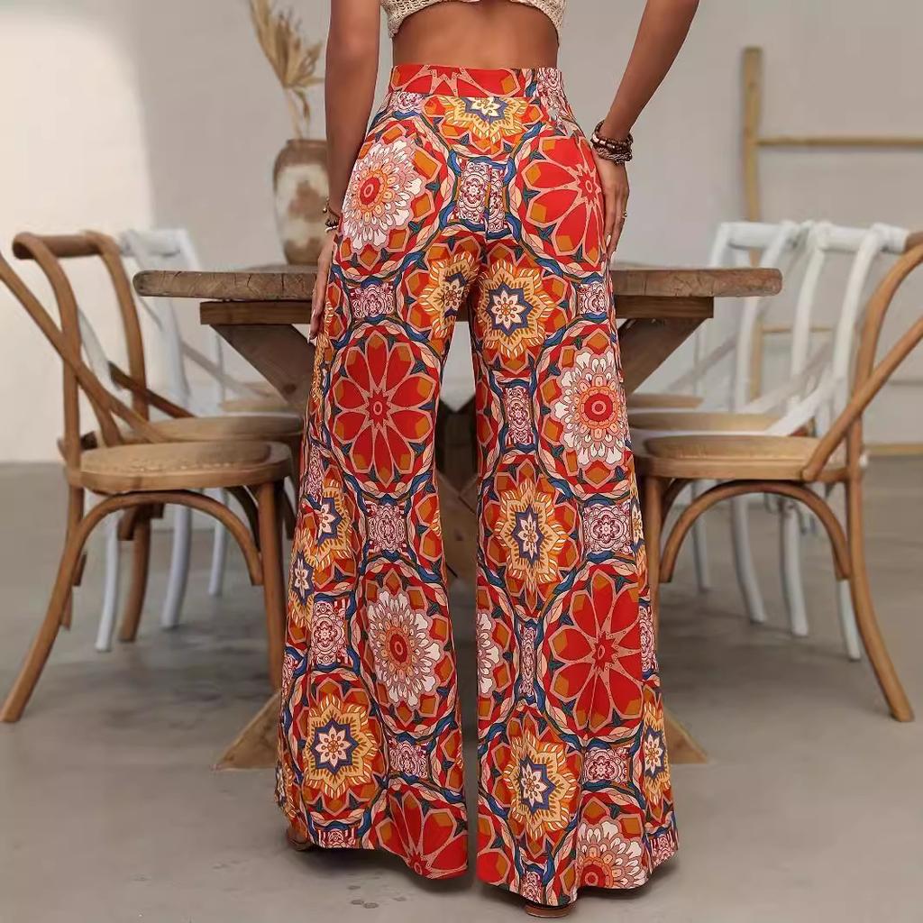 Women's High Waist Loose Casual Resort Style Bohemian Printed Flare Pants