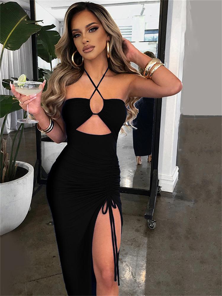 Hollow Out Drawstring Dress Women Sleeveless Backless High Split Elegant Ruched Dress Vestidos Partywear Robe Sexy Femme