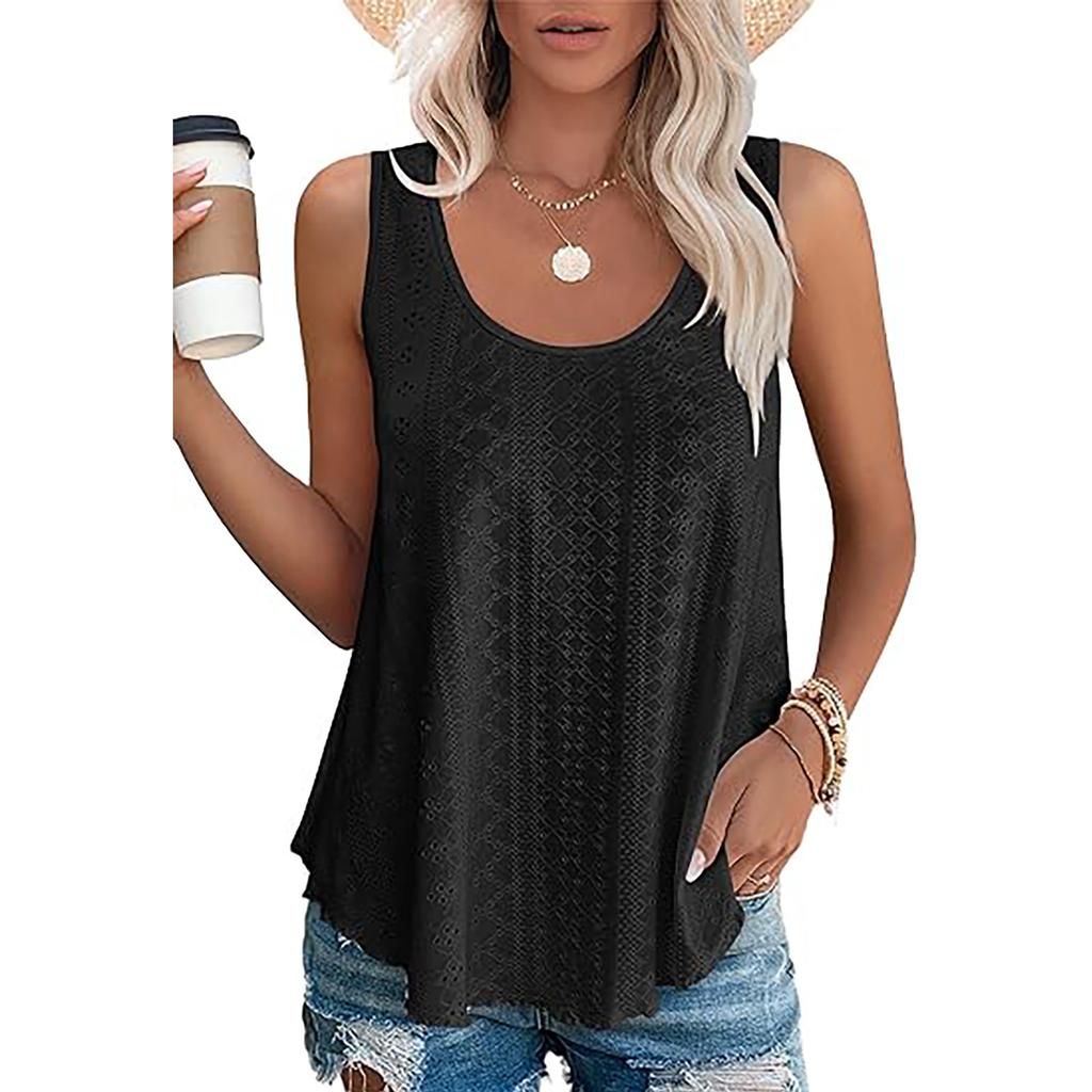 Women's Round Neck Sleeveless Tank Top Loose Fit Elegant Commuter Eyelet Hollow Out Vest Solid Color Casual Summer Blouse For Daily Wear